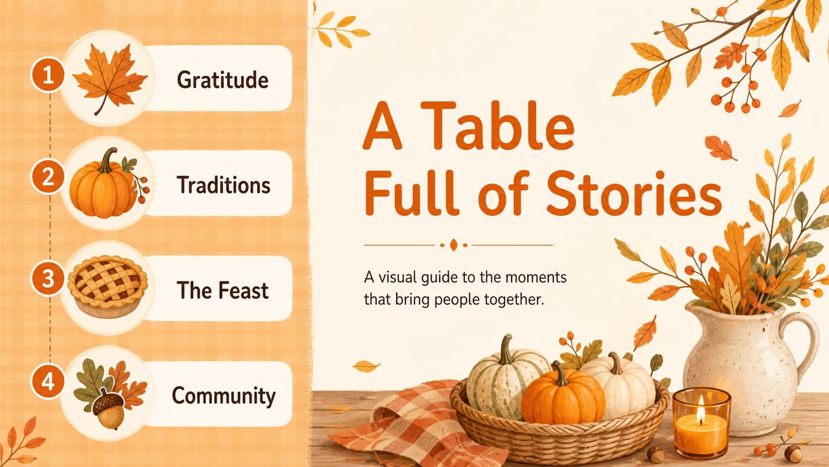 Thanksgiving presentation agenda showing gratitude, traditions, food, and community sections in an orange infographic style.