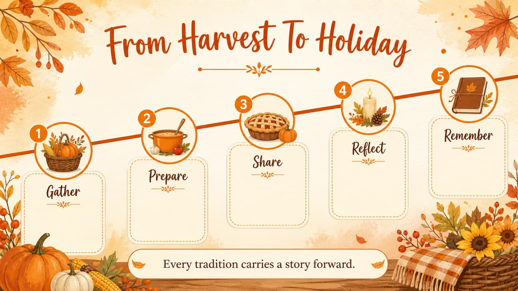 Thanksgiving tradition timeline with autumn illustrations and orange milestone markers.