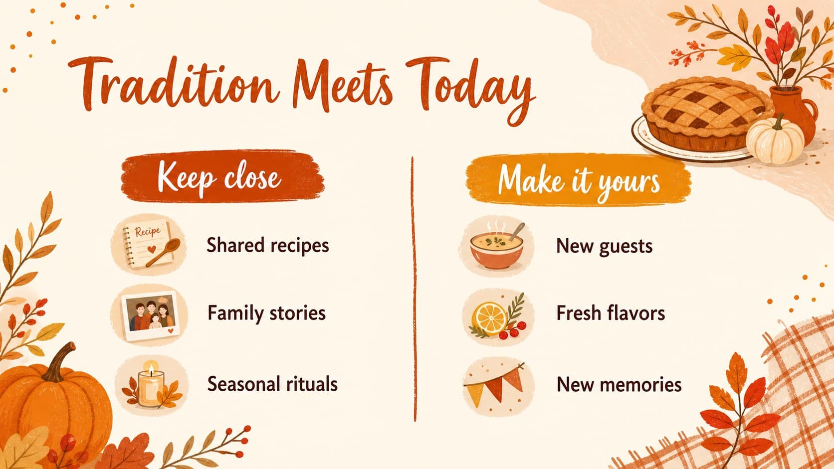 Thanksgiving comparison infographic contrasting classic traditions with modern gathering ideas.