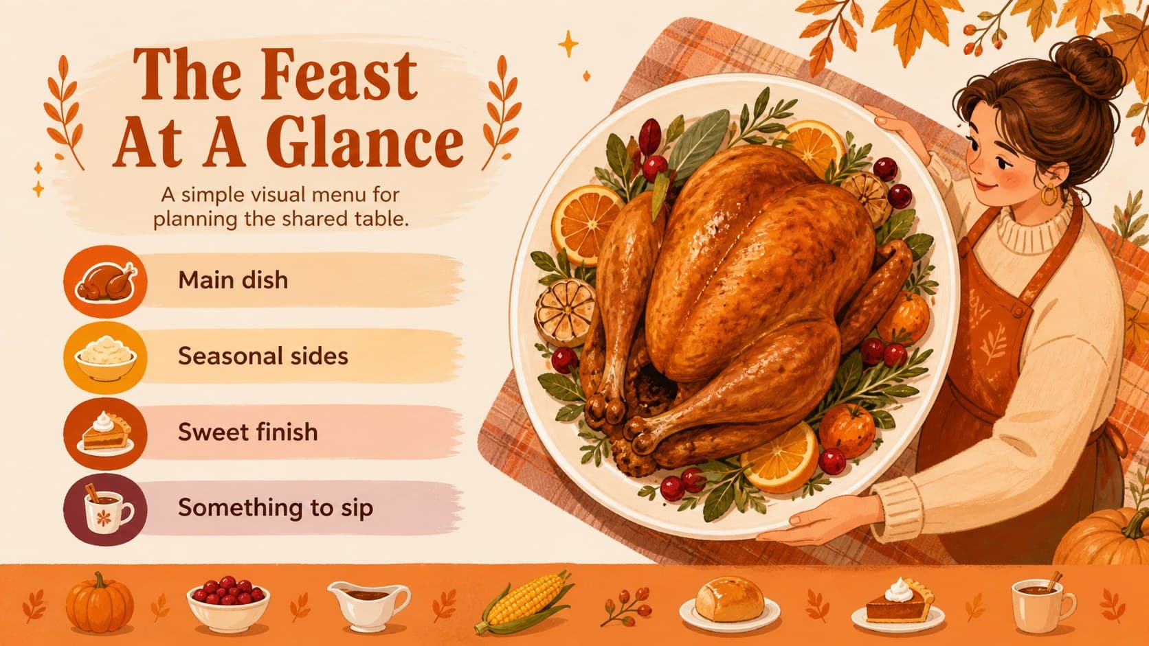Thanksgiving meal infographic with illustrated dish categories and orange food icons.