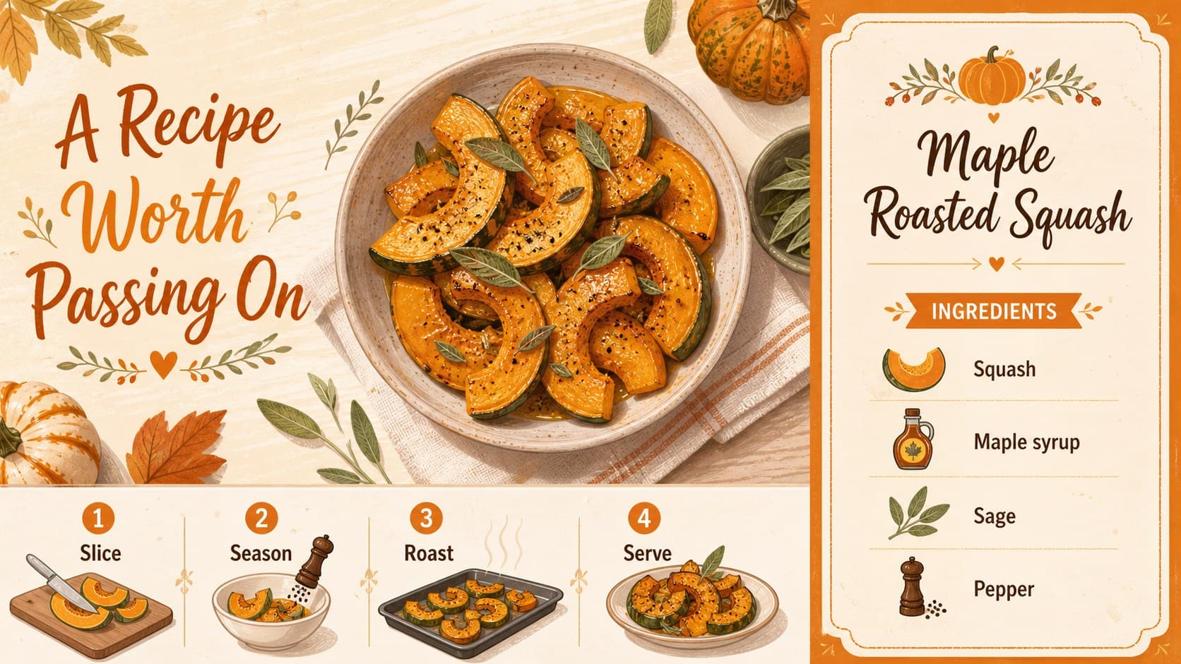 Thanksgiving recipe card slide presenting ingredients and preparation steps in a warm orange layout.