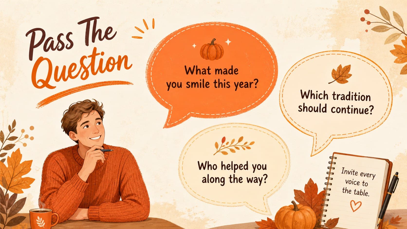 Thanksgiving discussion slide with gratitude prompts and illustrated speech bubbles in orange.