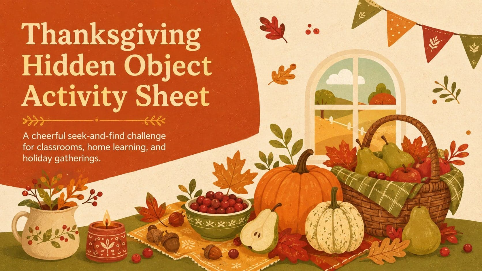 Thanksgiving hidden object activity sheet cover with colorful harvest illustrations in warm orange, green, and red.