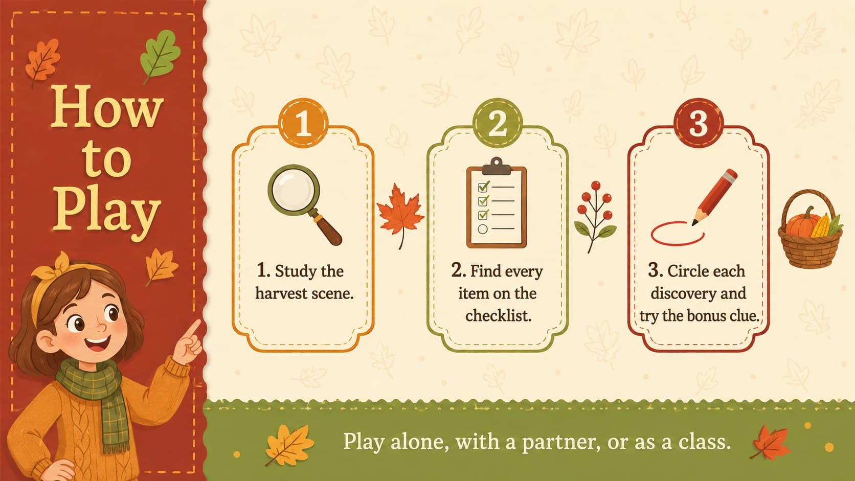 Instructions for a printable Thanksgiving seek and find activity presented with autumn icons and a simple three-step layout.