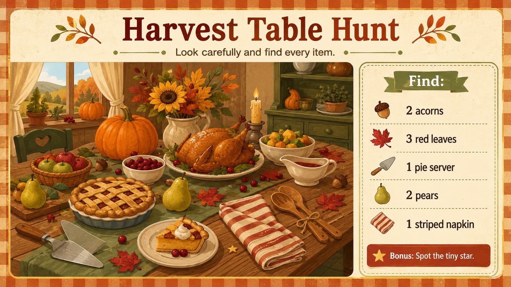 Thanksgiving hidden picture activity featuring a harvest table scene and a checklist of autumn objects to find.