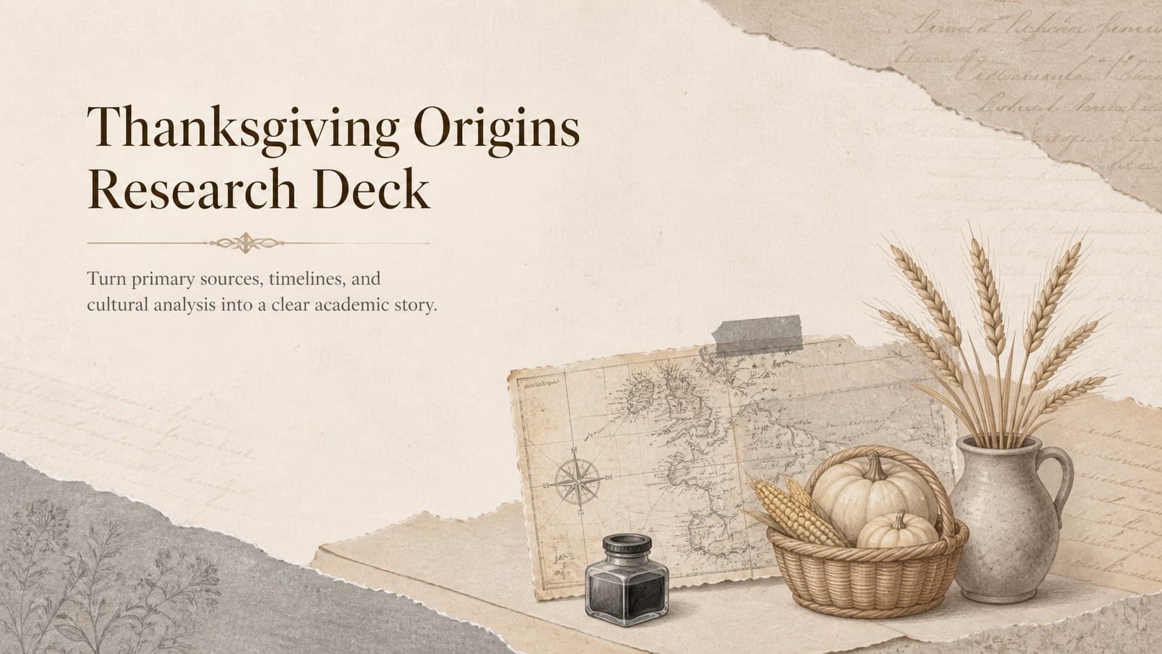 Cover of the Thanksgiving origins research deck with vintage paper textures and hand-drawn harvest imagery.