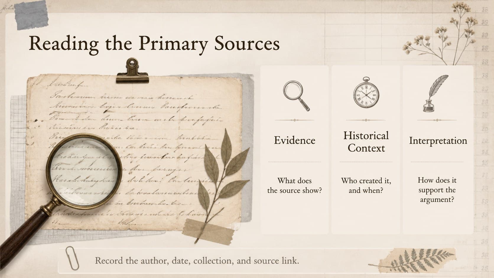 Thanksgiving primary sources presentation slide with structured areas for evidence, context, and interpretation.