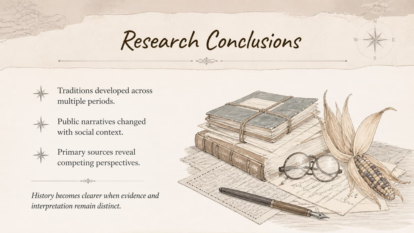 Academic Thanksgiving thesis conclusion slide summarizing historical findings and research implications.