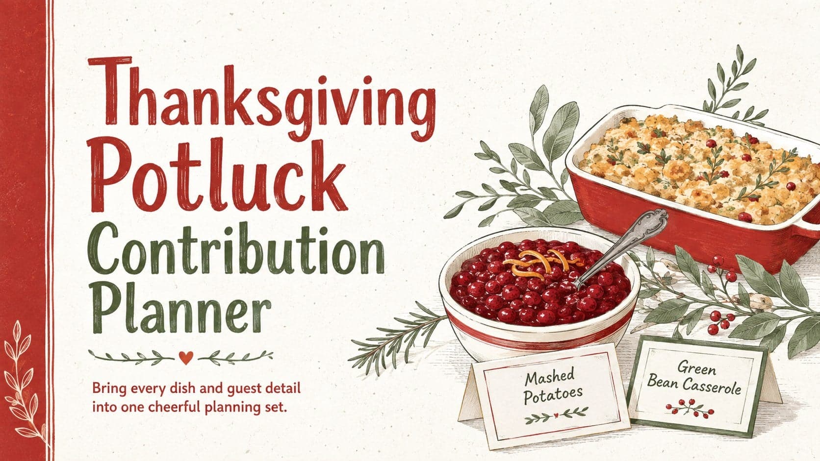 Cover of a Thanksgiving Potluck Contribution Planner with hand-drawn food illustrations in red, green, and white.