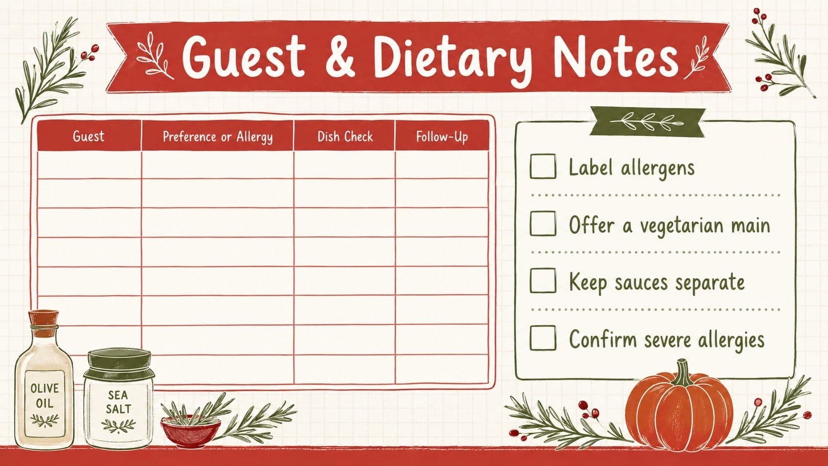 Potluck dietary needs tracking sheet with guest preferences, allergy notes, and host follow-up fields.