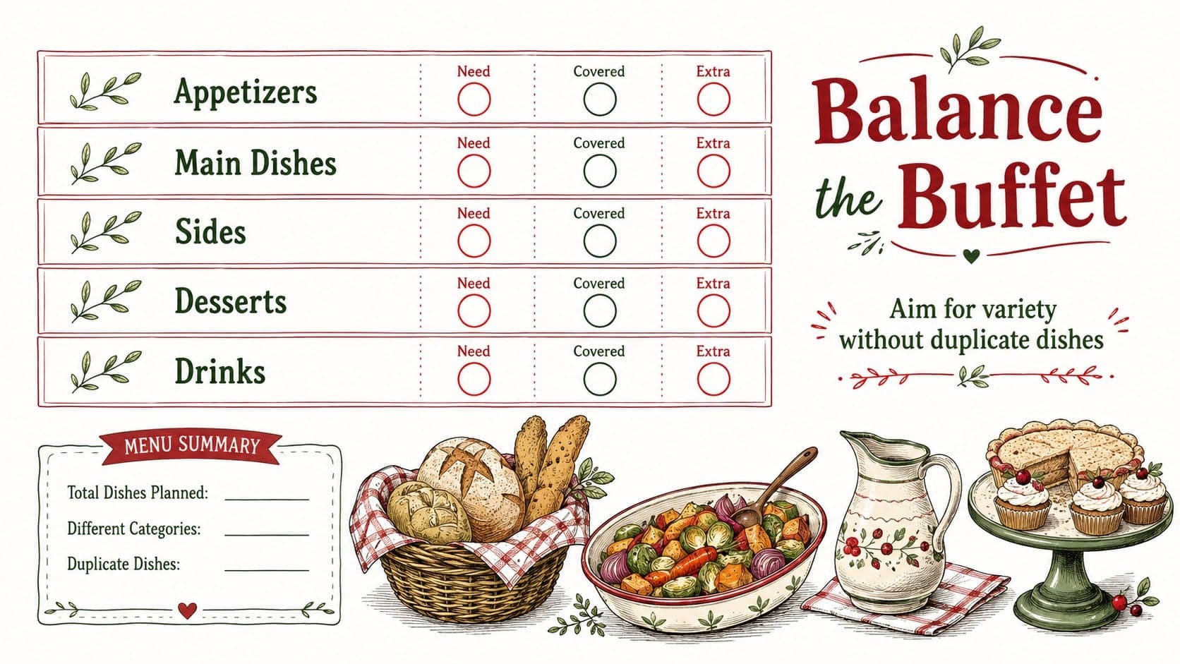 Thanksgiving buffet category checklist showing the status of appetizers, mains, sides, desserts, and drinks.