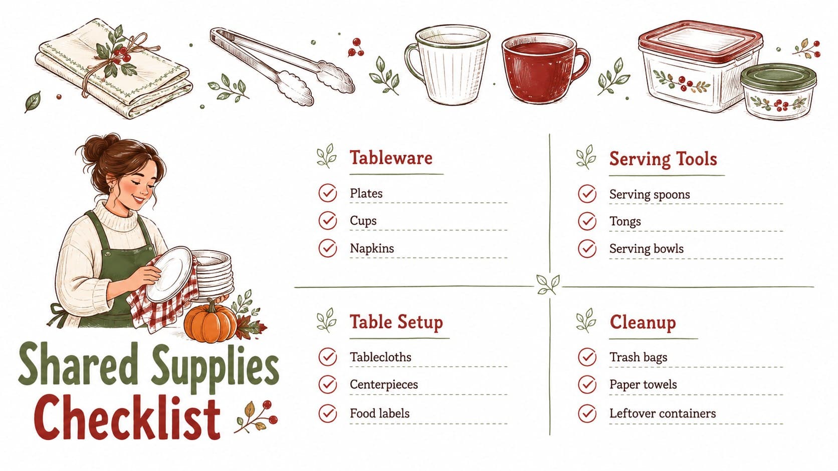 Thanksgiving meal supply checklist for tracking plates, utensils, serving tools, linens, and cleanup items.