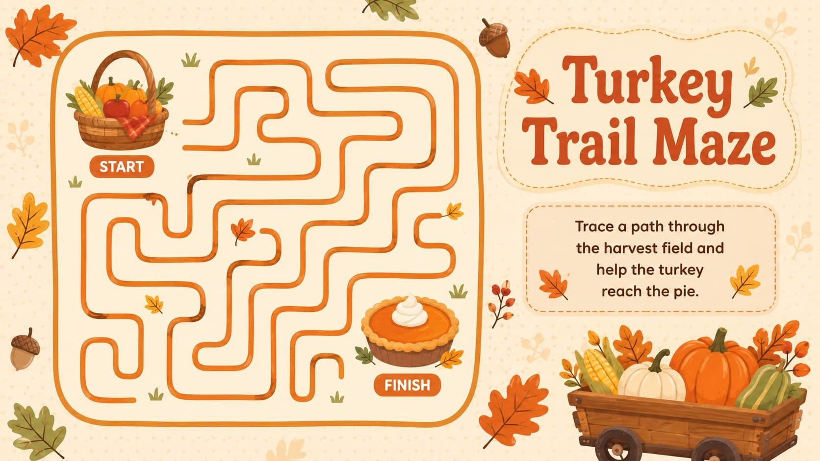 Printable Thanksgiving maze worksheet featuring a turkey trail and orange autumn decorations for children.