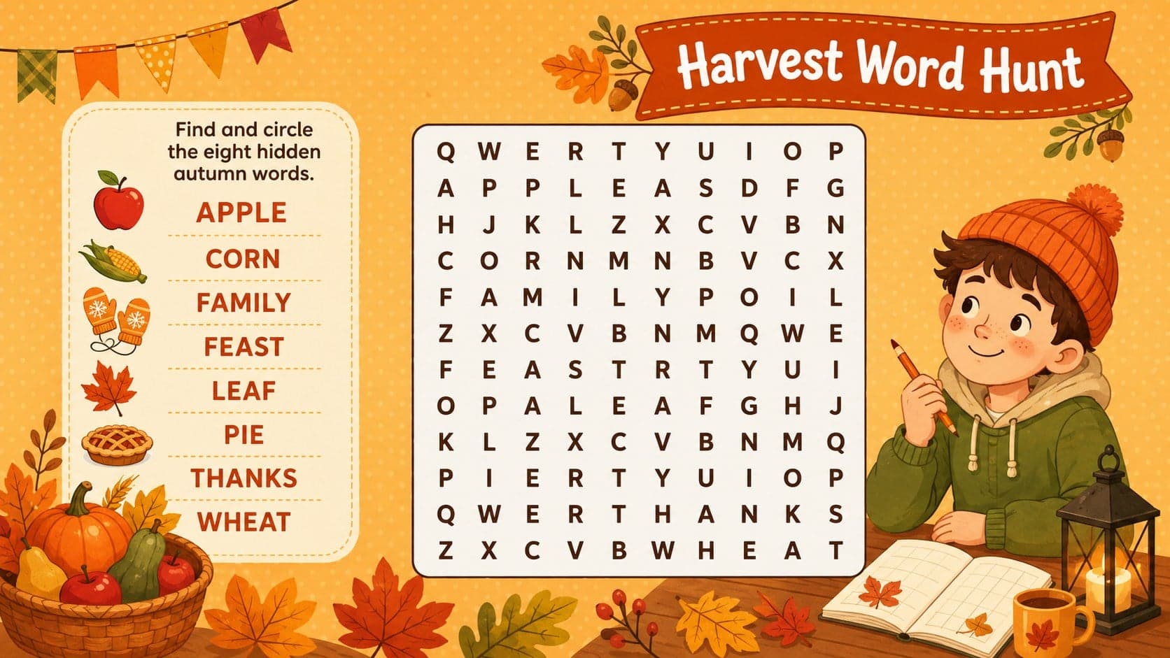 Harvest word hunt page from an editable Thanksgiving activity pack with a letter grid and illustrated clues.