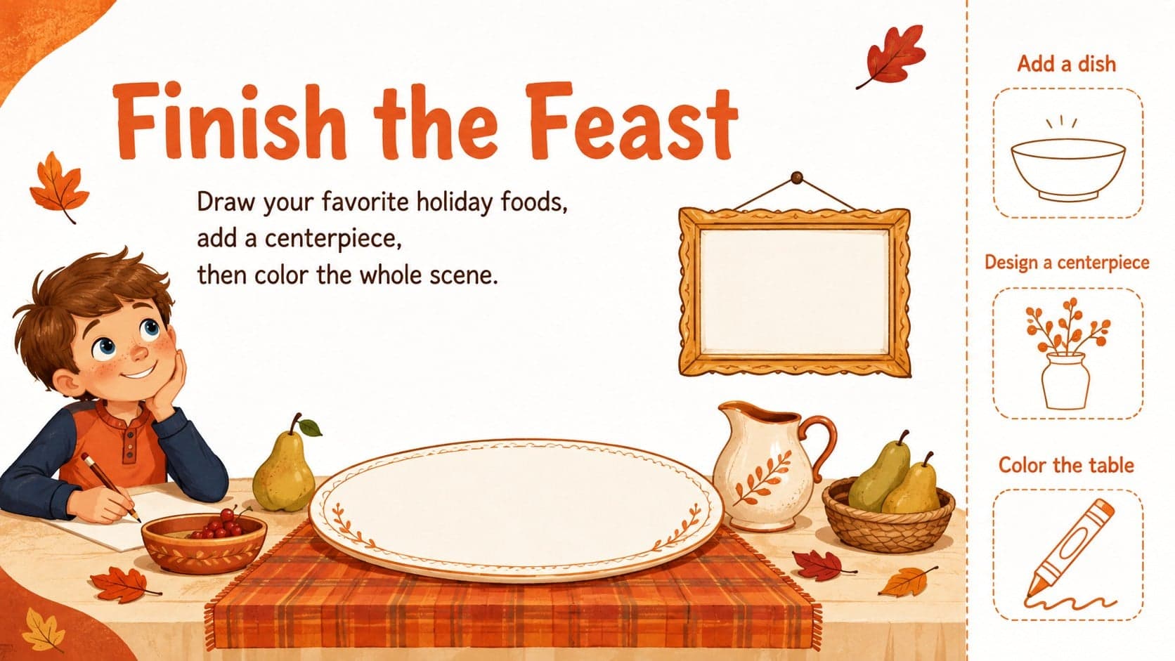 Creative Thanksgiving drawing and coloring page inviting children to complete an illustrated holiday feast.