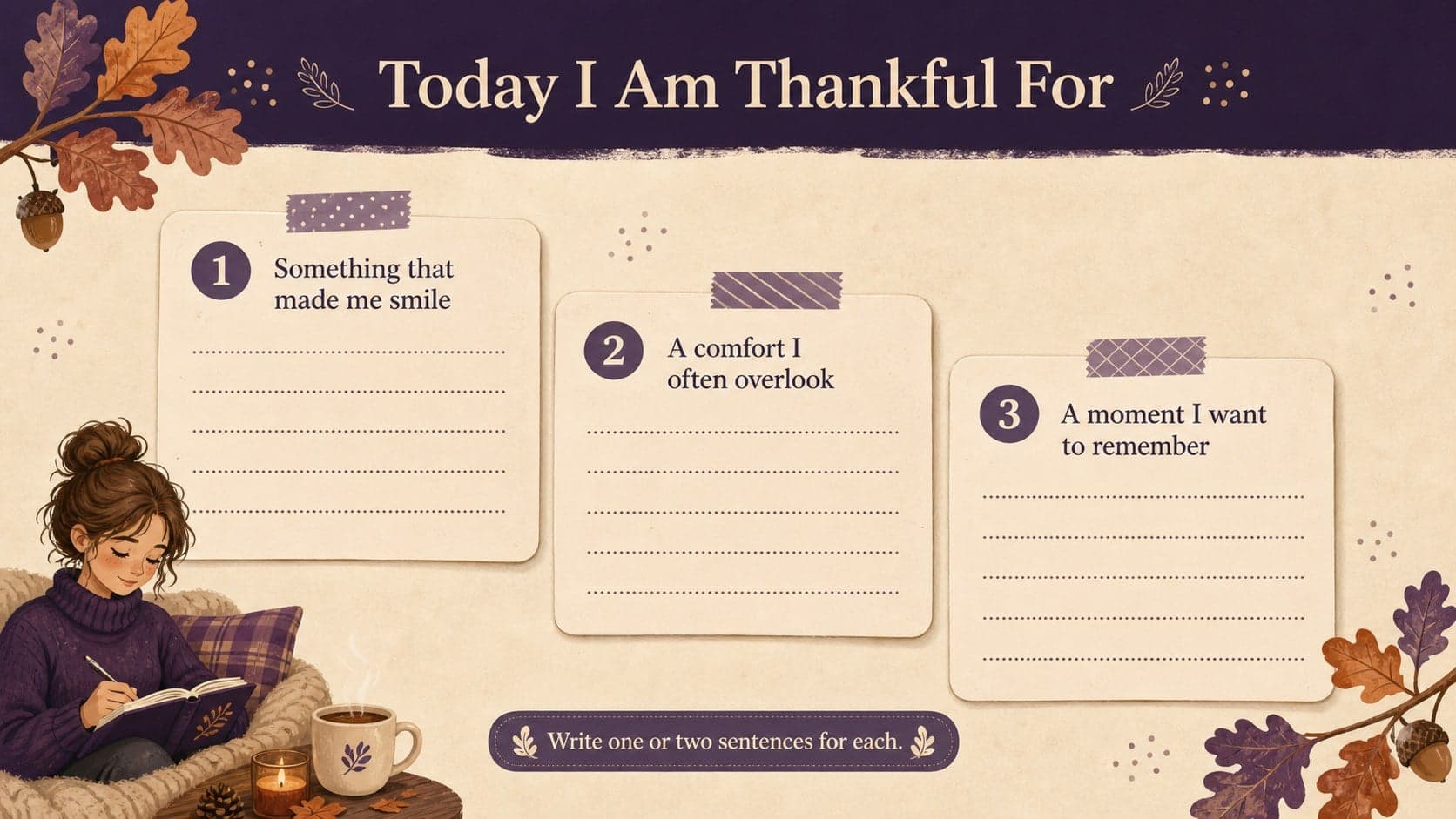 Editable Thanksgiving reflection slide with three gratitude prompts and illustrated autumn branches.