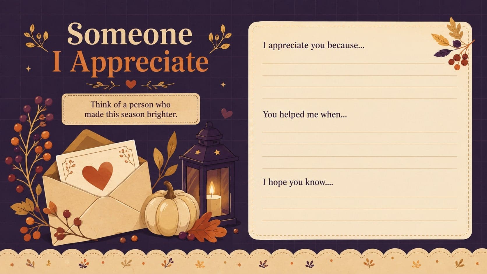 Family gratitude activity presentation page featuring an appreciation letter prompt in purple and beige.