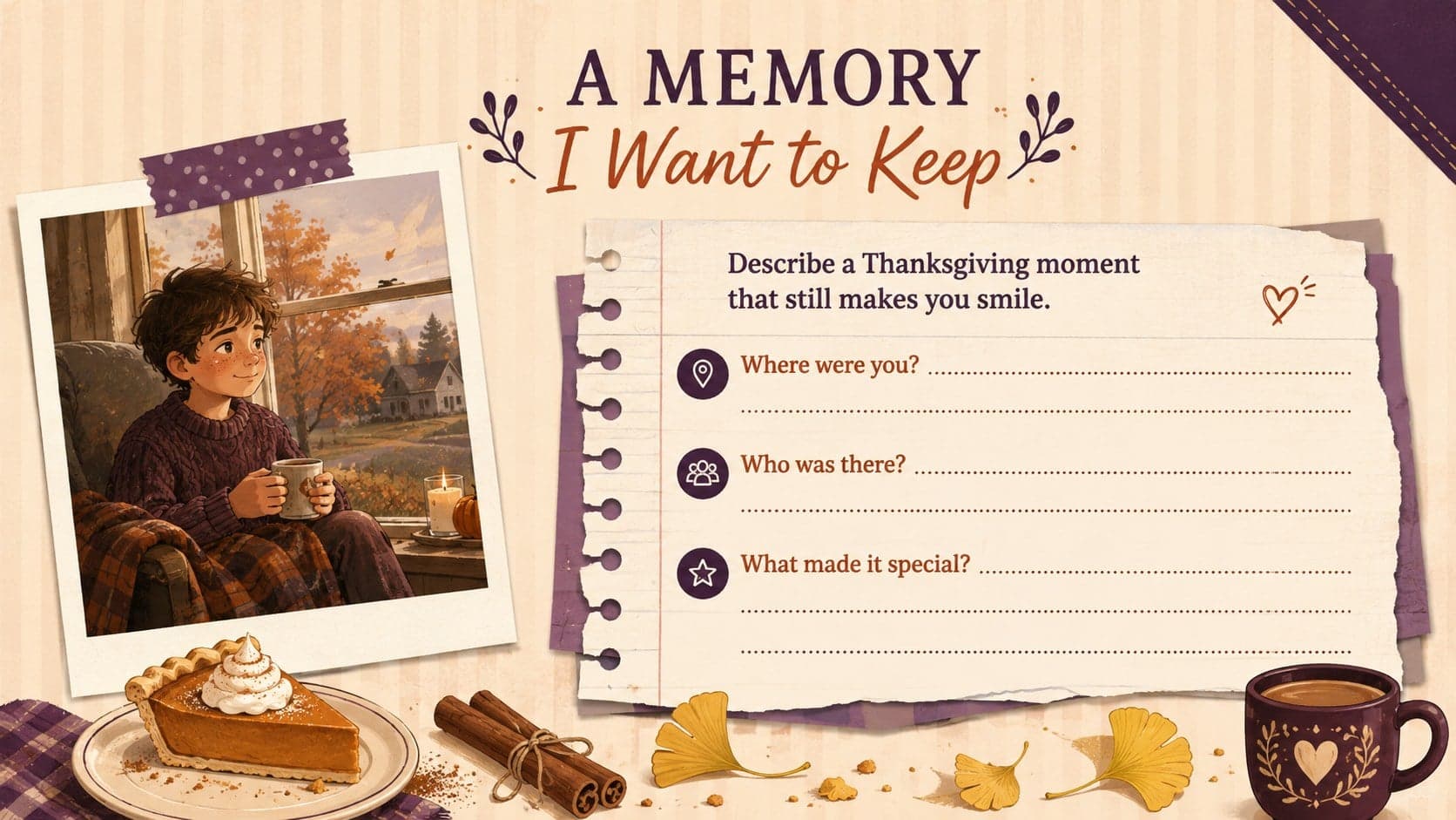 Holiday memory workbook slide with a photo space and prompts for describing a favorite Thanksgiving moment.