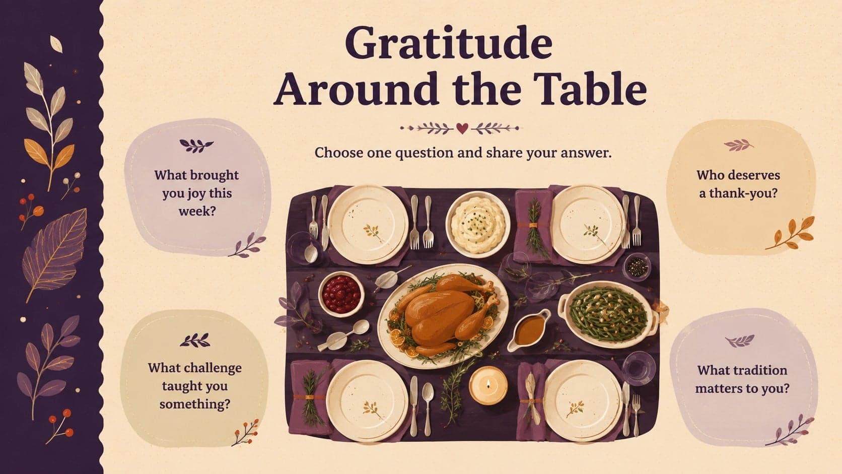 Thanksgiving classroom journaling prompts arranged around an illustrated dinner table in purple and beige.