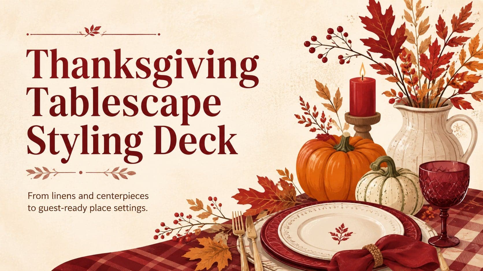 Cover of a Thanksgiving tablescape styling deck with warm red botanical accents and illustrated holiday tableware.