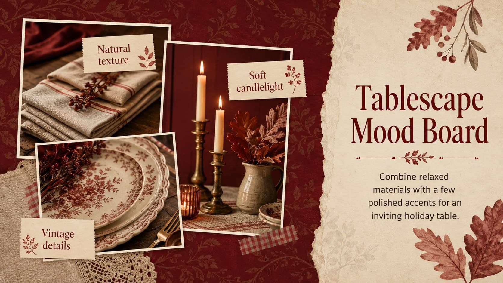Holiday table decor planning slide with a cottagecore mood board of linens, foliage, candles, and dinnerware.