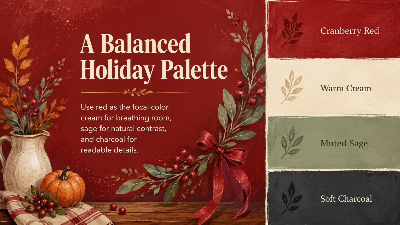 Red cottagecore Thanksgiving slide presenting a coordinated palette of cranberry, cream, sage, and charcoal.