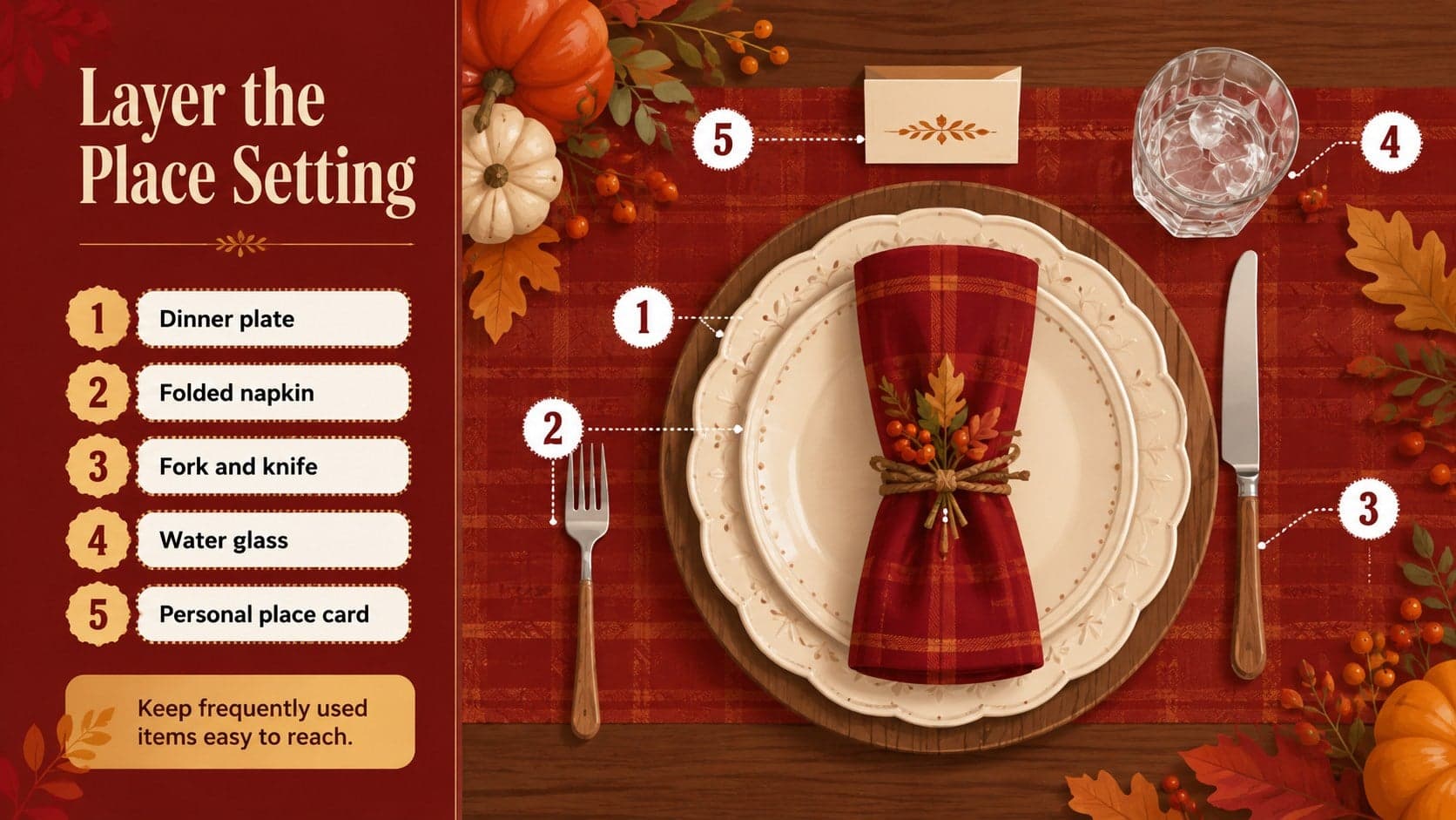 Thanksgiving place setting PowerPoint layout showing the layers of a complete guest setting.