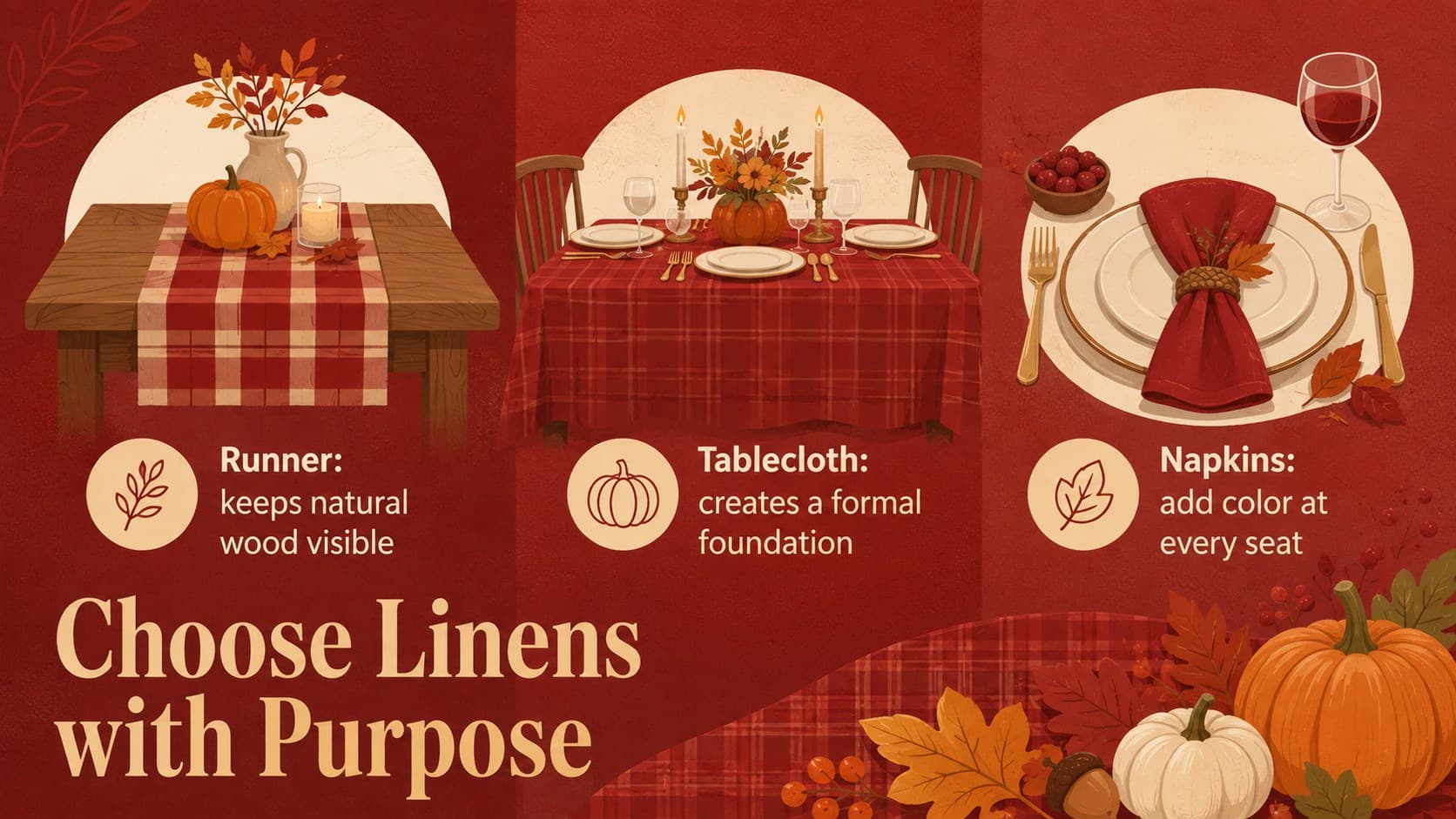 Holiday hosting presentation slide comparing runner, tablecloth, and napkin choices for a Thanksgiving table.
