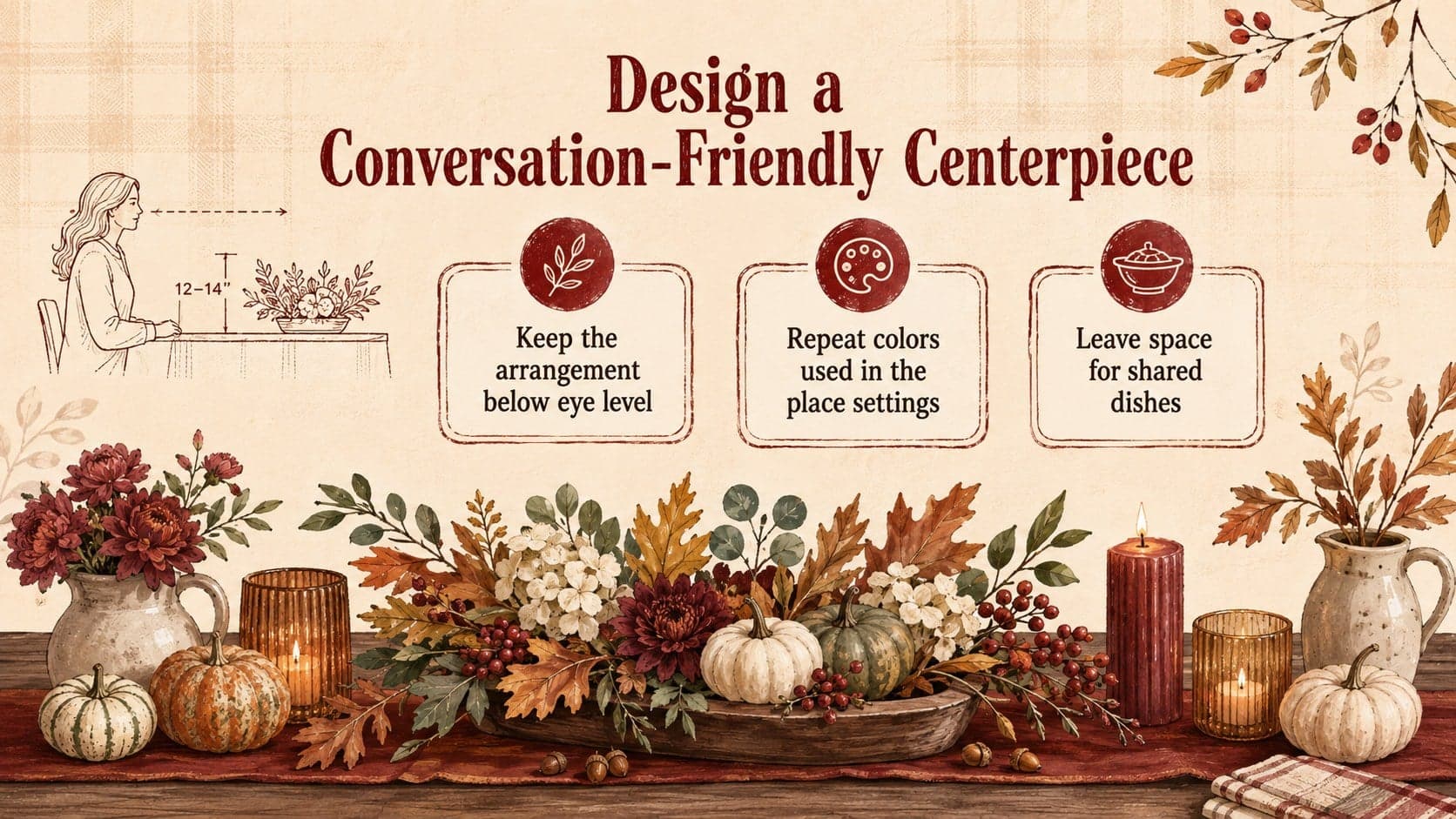 Thanksgiving centerpiece planning template slide with low floral, candle, and foliage arrangement options.