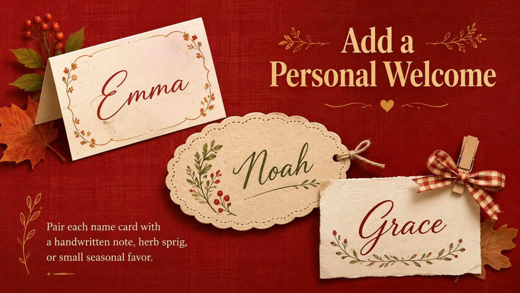 Illustrated Thanksgiving tablescape slide featuring personalized place cards and small guest favors.
