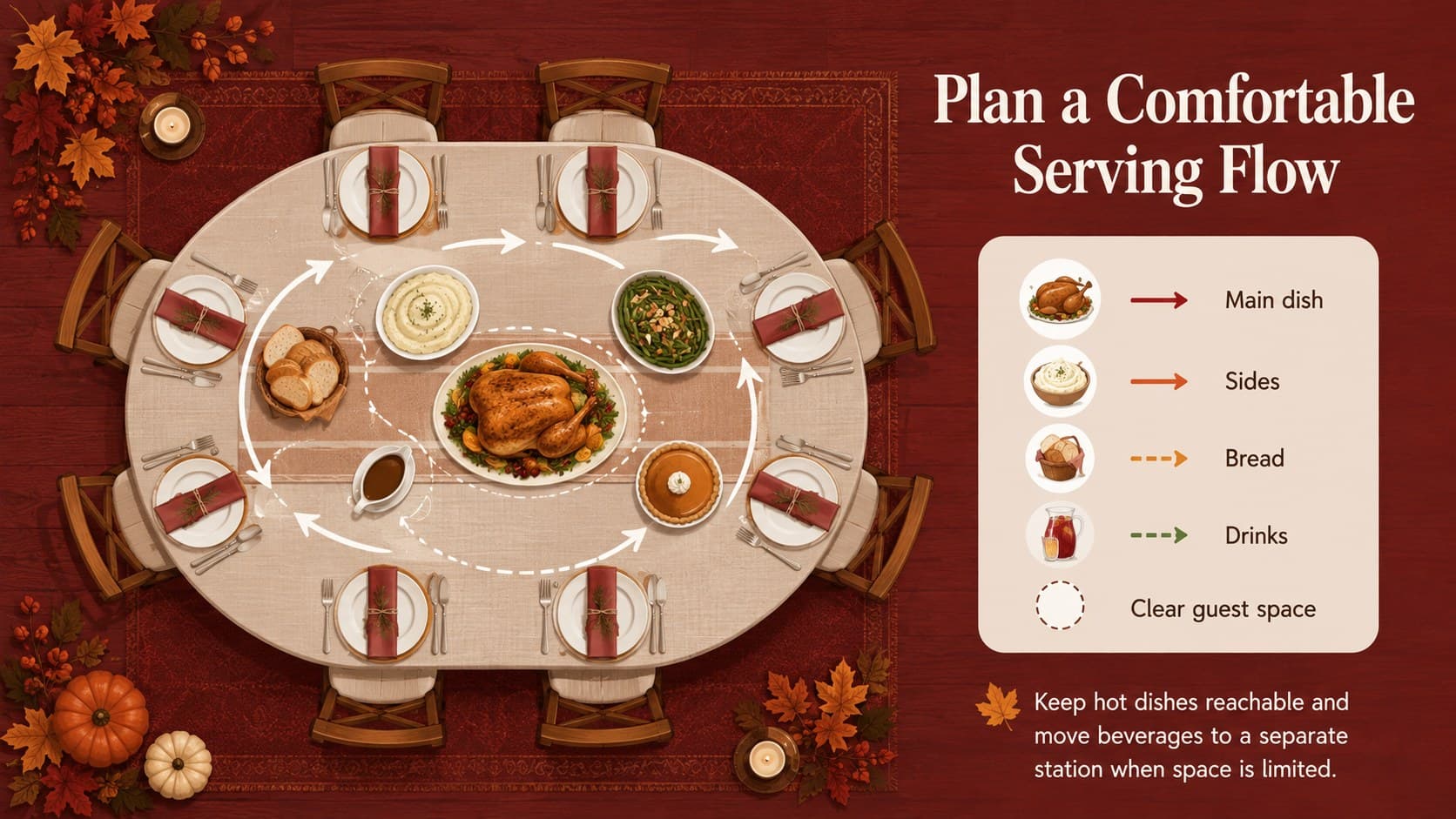 Family dinner table design deck slide mapping the placement of food, drinks, serving pieces, and guest seats.