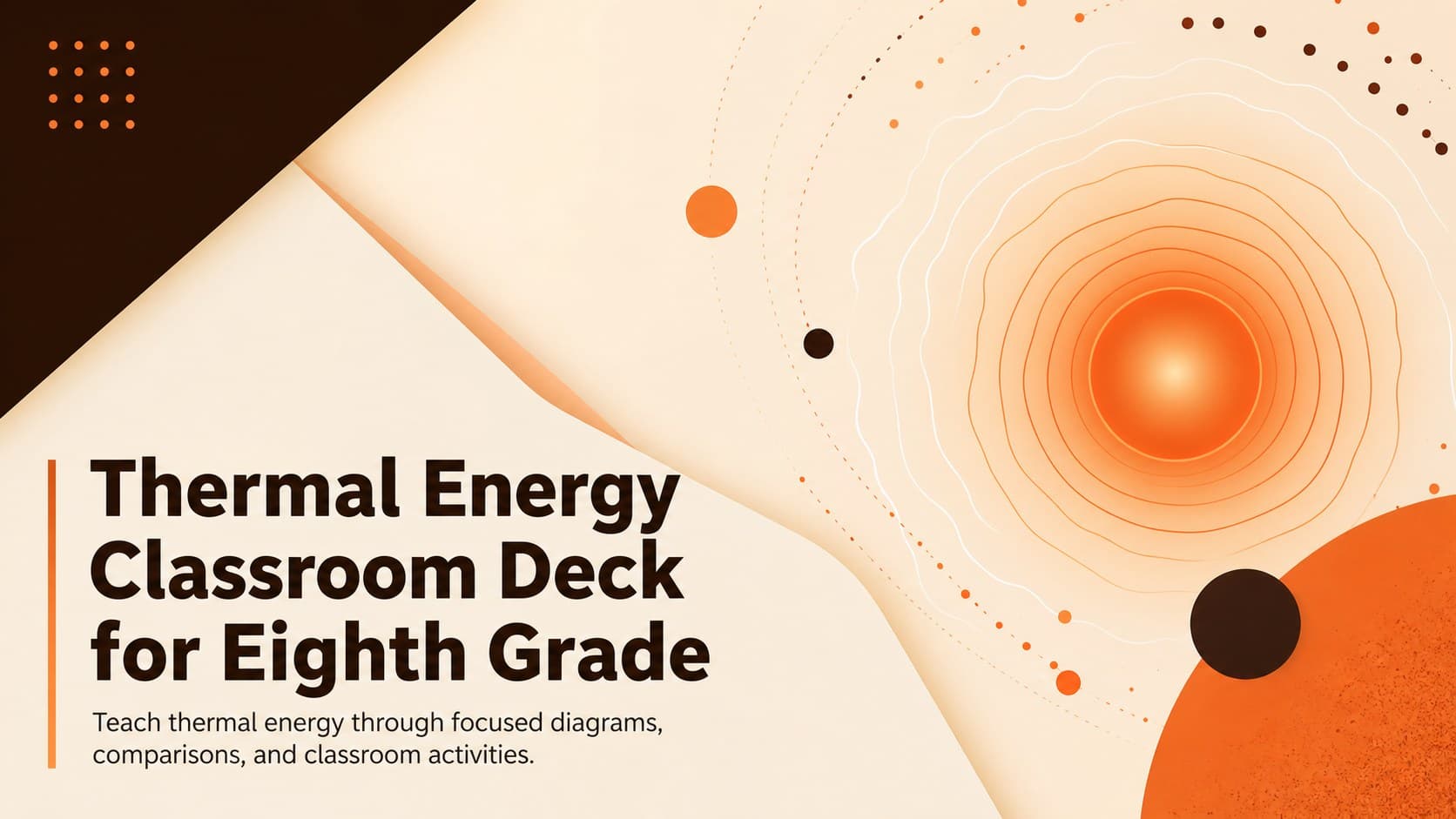 Cover of the Thermal Energy Classroom Deck for Eighth Grade with geometric heat-wave graphics in orange and brown.