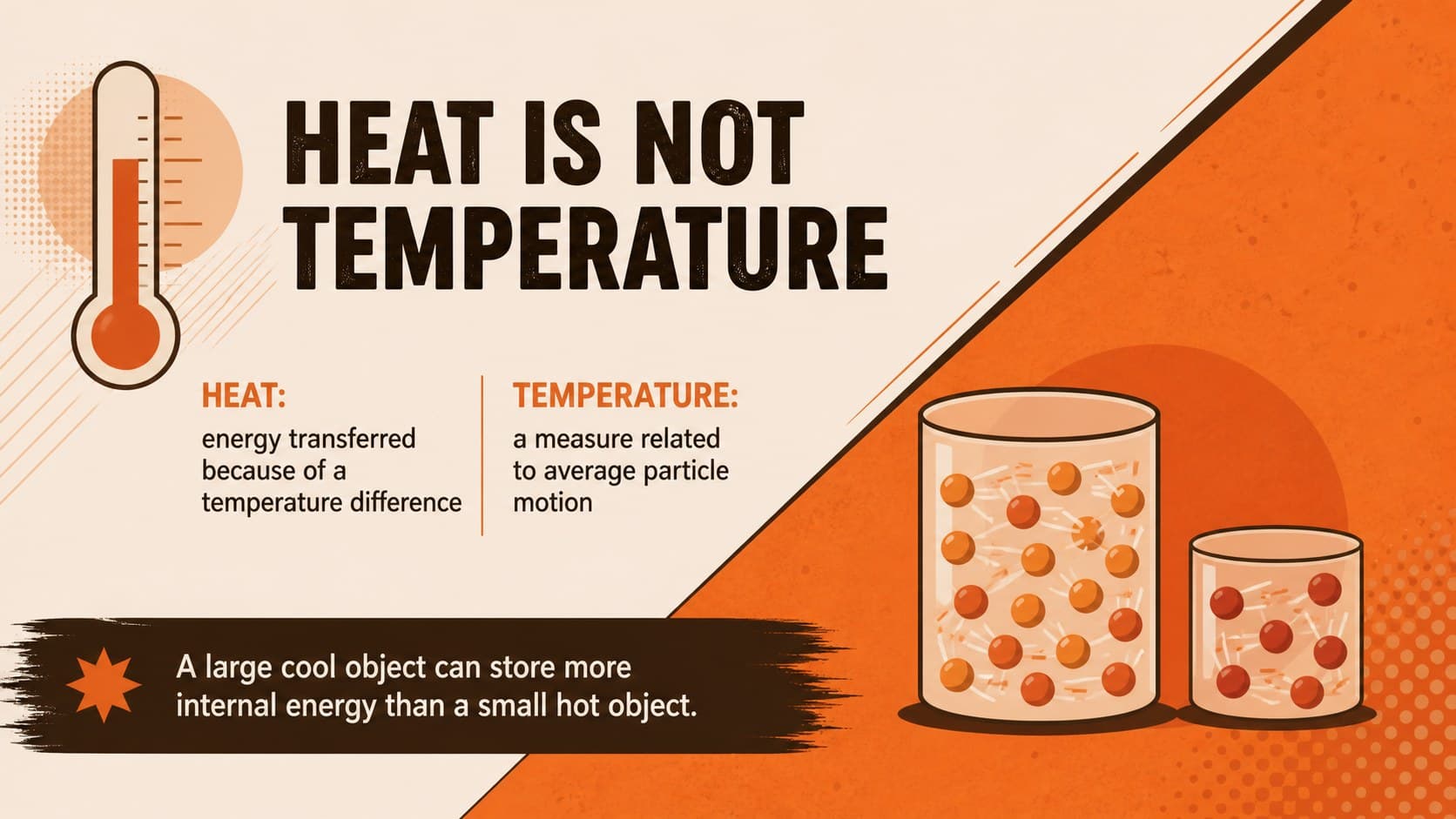 Heat and temperature comparison slide with thermometer and particle-model diagrams for middle school science.