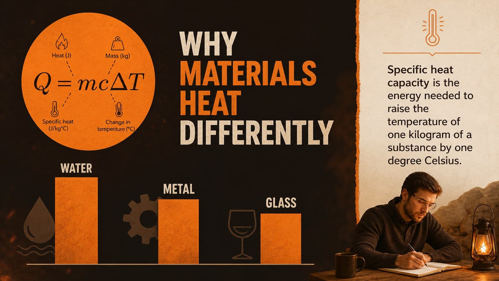Specific heat capacity classroom lesson with material comparison bars and a concise formula.