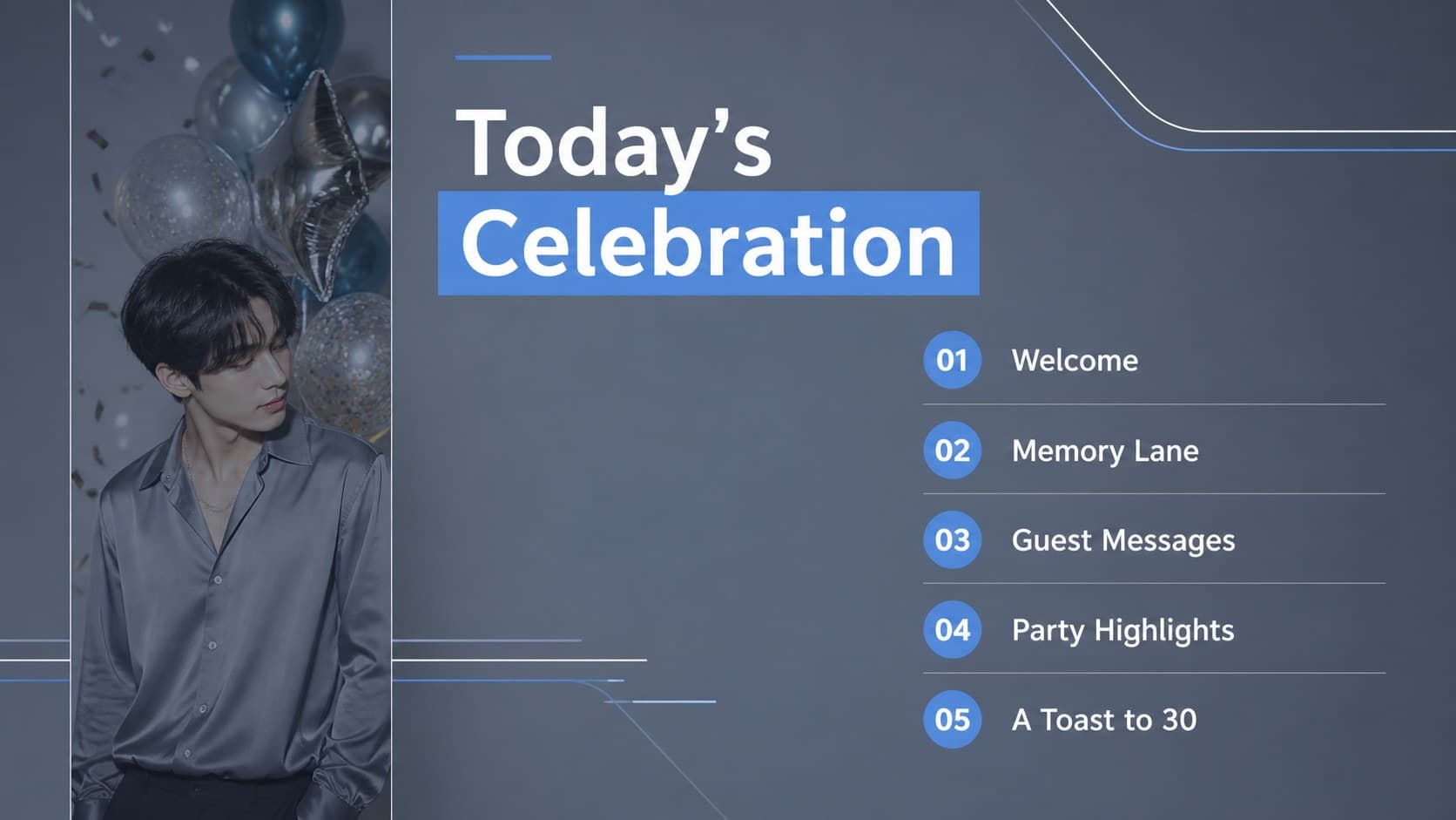 Birthday slideshow agenda slide showing a clean blue and gray list of celebration sections and party moments.