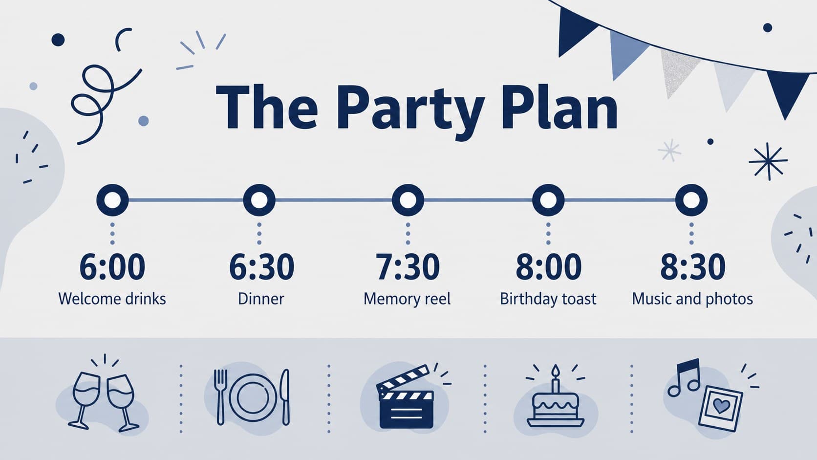 Party schedule slide for a milestone birthday event with time blocks and blue gray graphic markers.