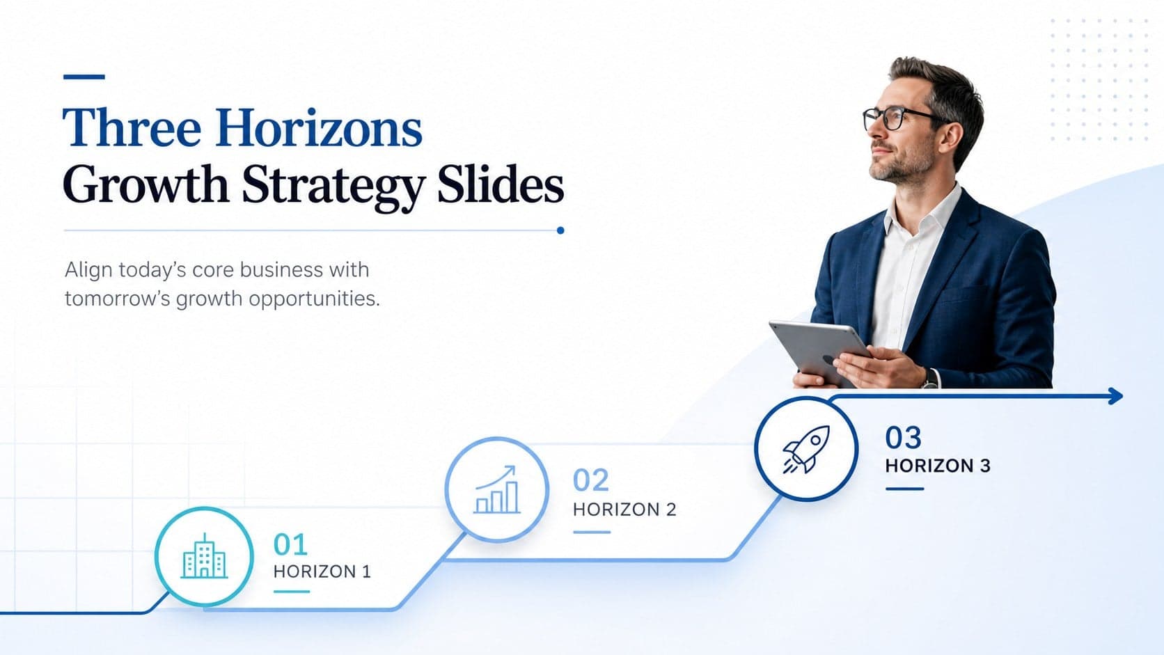 Cover for Three Horizons Growth Strategy Slides with a minimal blue-and-white strategic growth diagram.