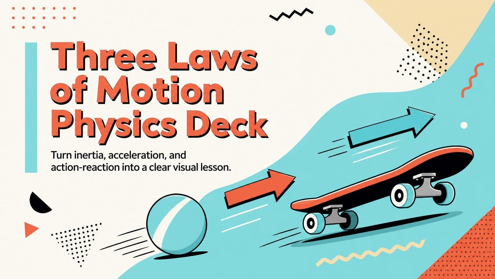 Colorful cover for the Three Laws of Motion Physics Deck with playful force and movement illustrations.