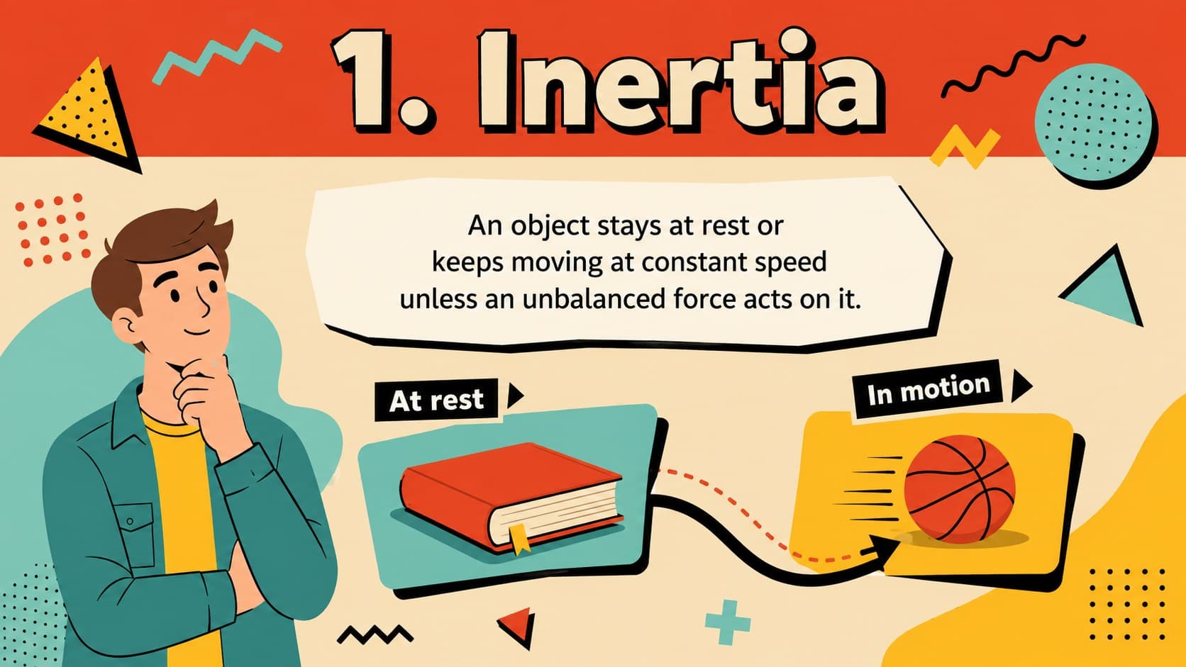 Illustrated inertia lesson slide explaining the first law of motion with stationary and moving objects.
