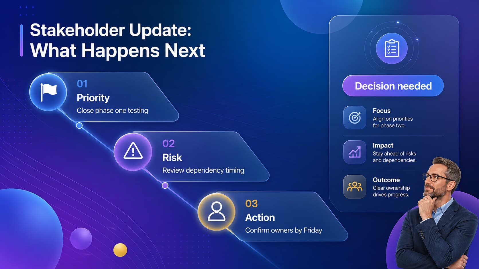 Stakeholder project update slide summarizing priorities, risks, and next actions in a blue-purple visual system.