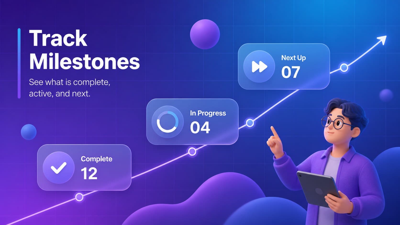 Project milestone infographic slide with status labels, metrics, and blue-purple transparent cards.