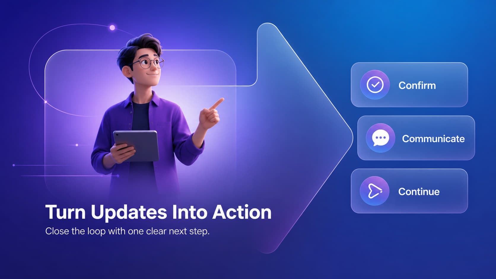 Closing action slide summarizing next steps with editable project status visuals in blue and purple.