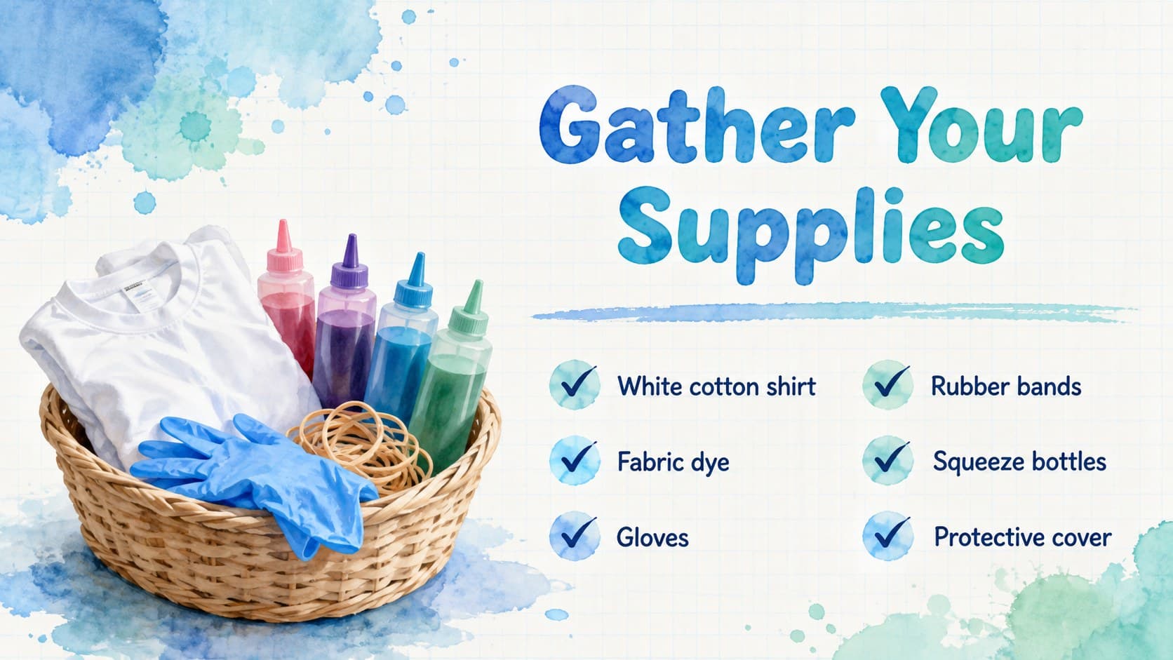 Tie dye workshop presentation slide showing a visual checklist of shirts, dyes, gloves, and rubber bands.
