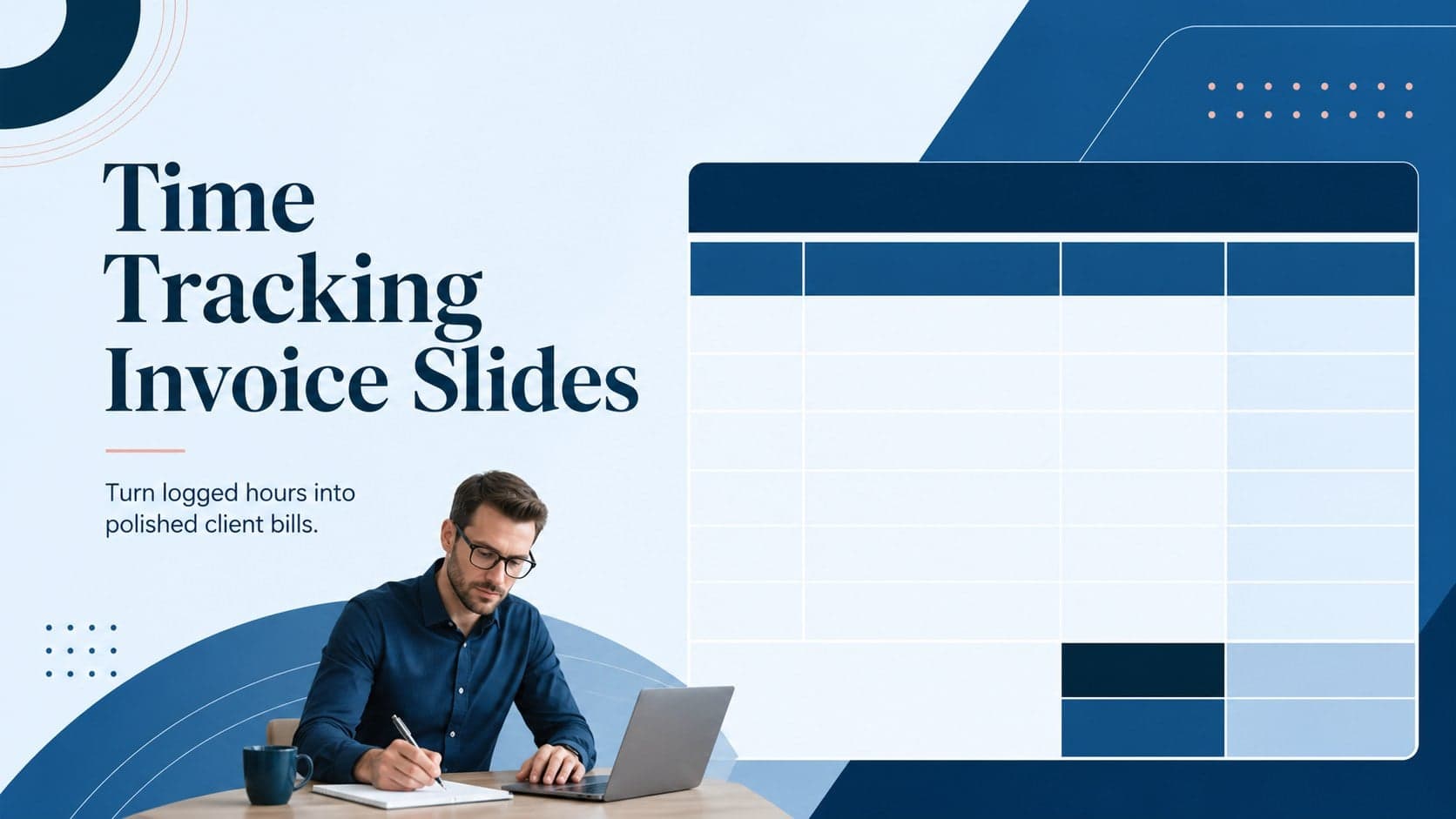 Blue minimalist cover slide for a time tracking invoice slides template with a professional client billing theme.