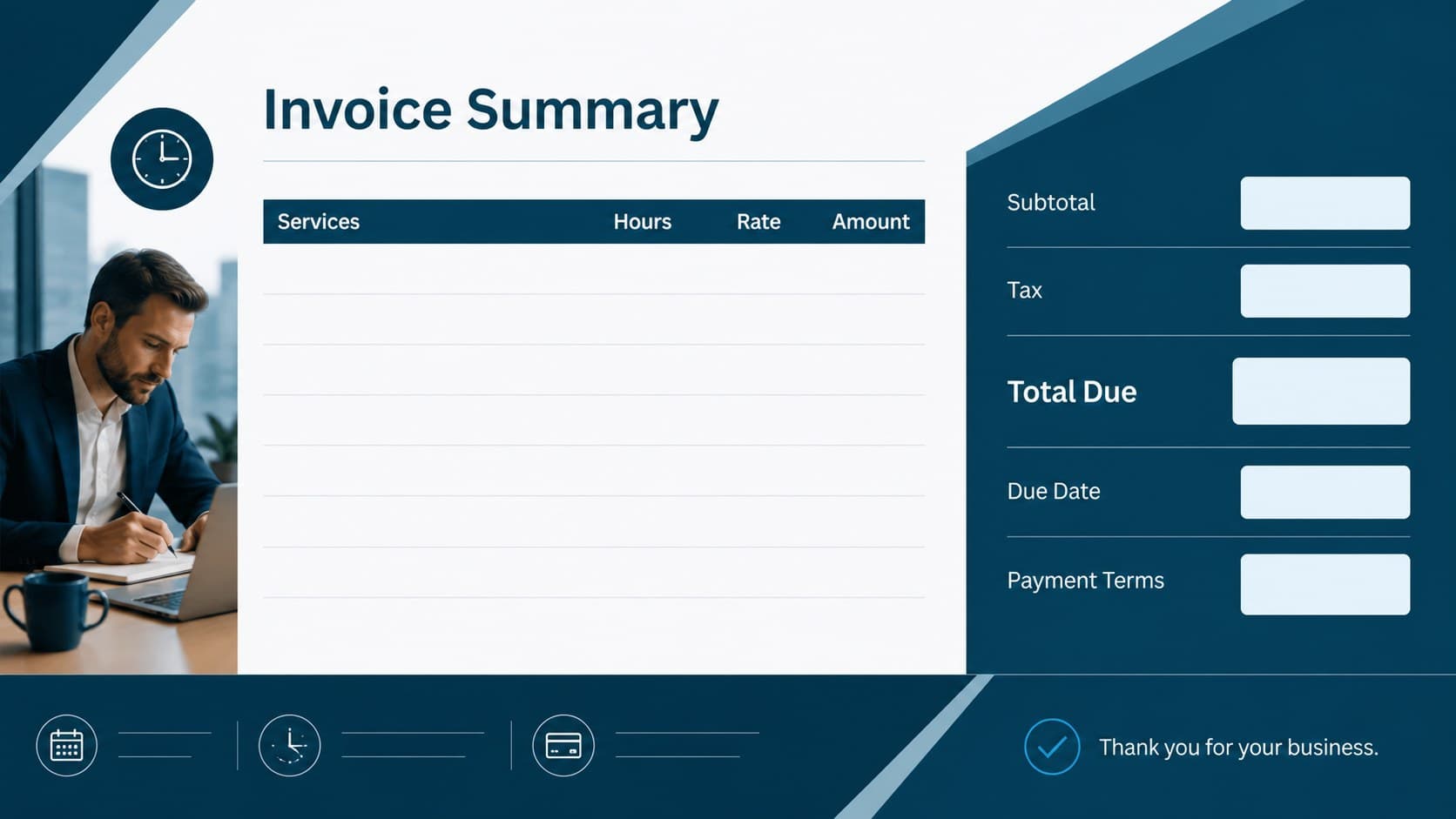 Blue invoice payment summary slide showing service totals, tax, total due, and payment terms.