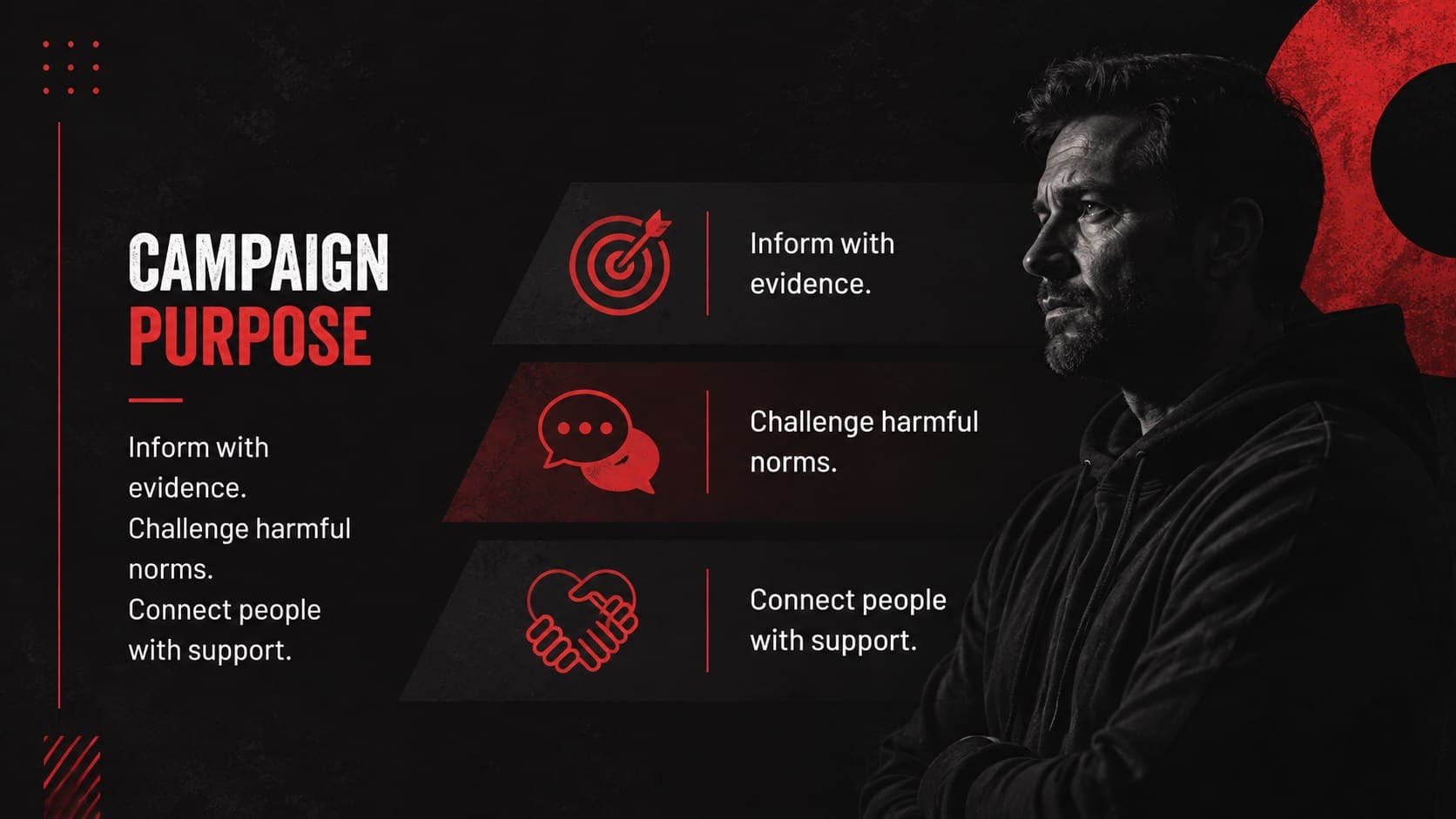 Minimal black-and-red tobacco prevention slide presenting three campaign objectives for public health outreach.