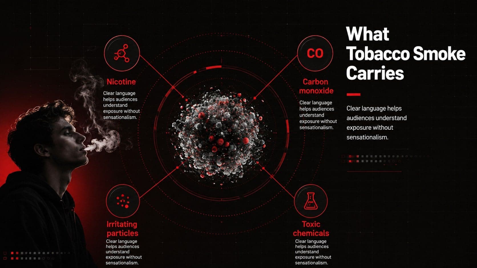 Anti-tobacco education presentation slide showing harmful components of tobacco smoke in a radial diagram.