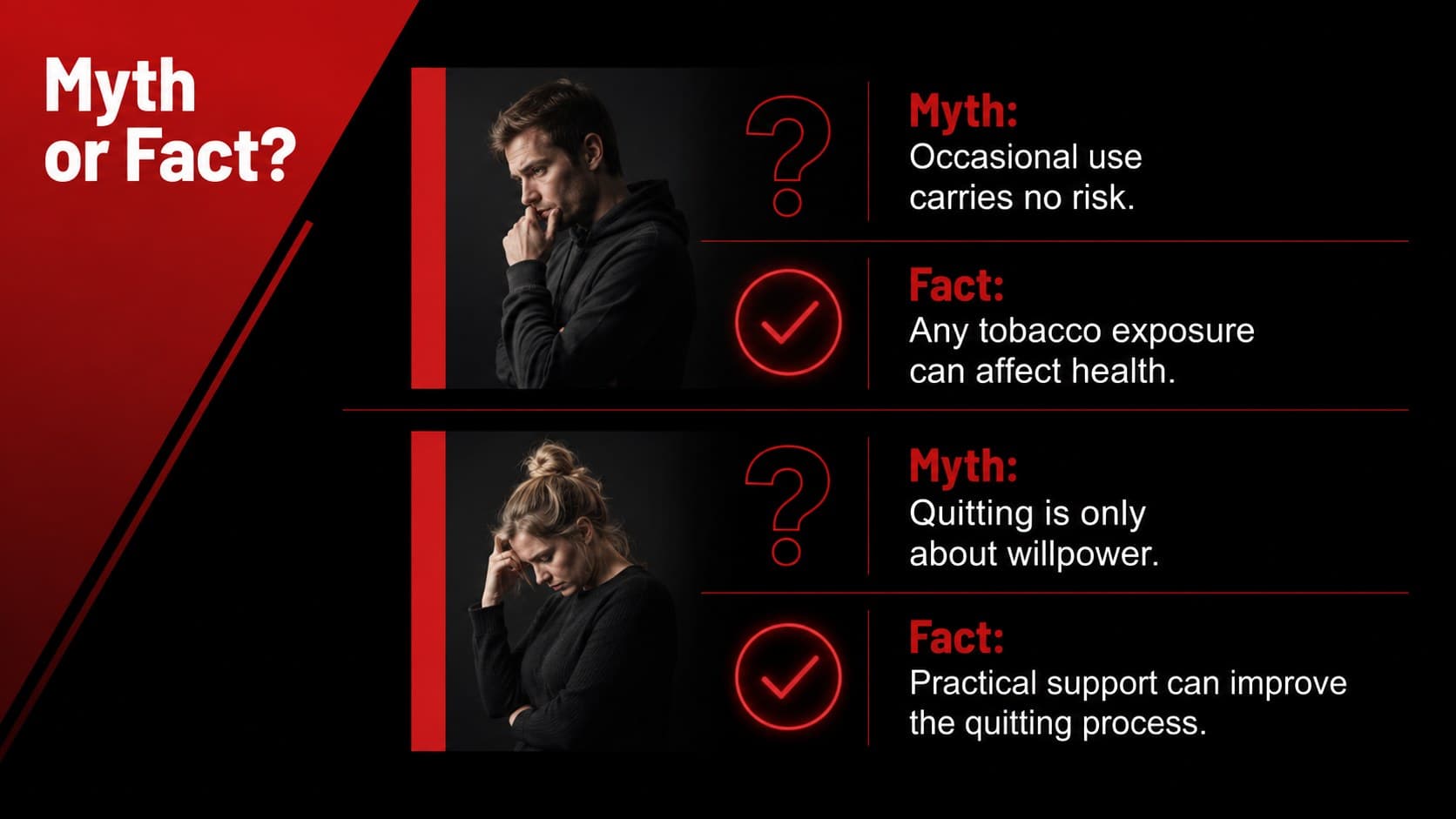 Smoking education slide comparing common tobacco myths with concise evidence-based facts.