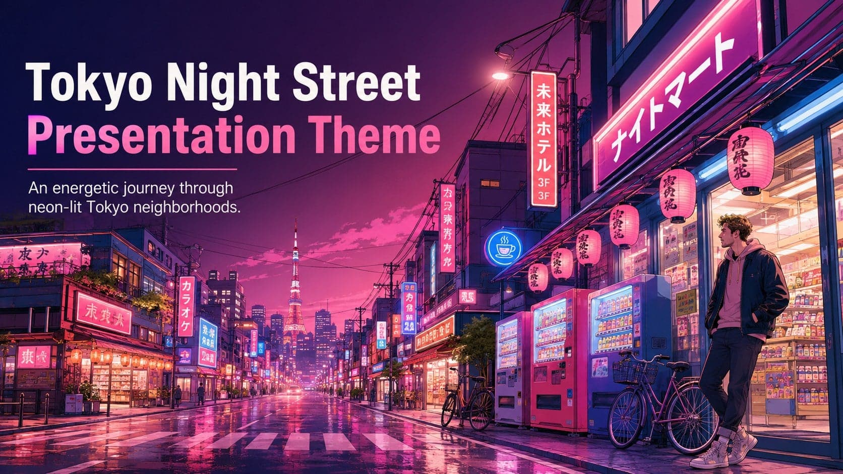 Cover of the Tokyo Night Street Presentation Theme with neon storefronts and an illustrated evening city scene.
