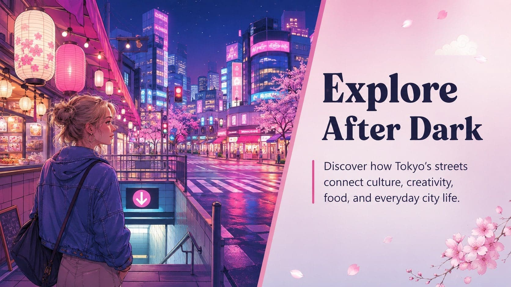 Tokyo nightlife presentation introduction featuring a colorful crossing and concise cultural overview.